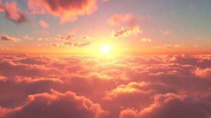 Obraz premium Sunset Over Clouds: A Serene Horizon. A breathtaking view of a sunset illuminating soft clouds, creating a peaceful and vibrant sky at dusk.