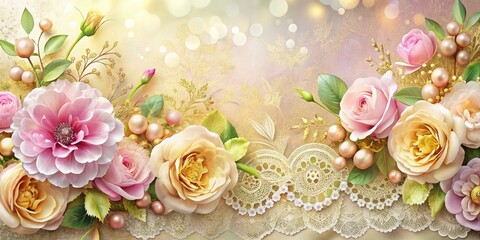 Vibrant pastel-colored flowers, delicate lace, and soft gold accents create a warm, inviting background perfect for celebrating love, appreciation, and special occasions.