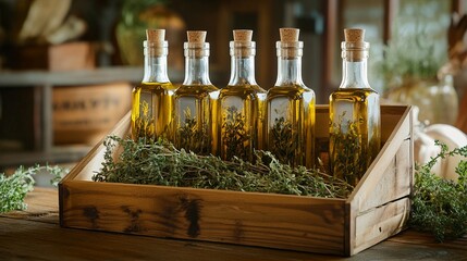 Glass bottles filled with golden herb-infused olive oil, arranged in a rustic wooden box lined with fresh aromatic herbs, creating a charming display of culinary artistry.