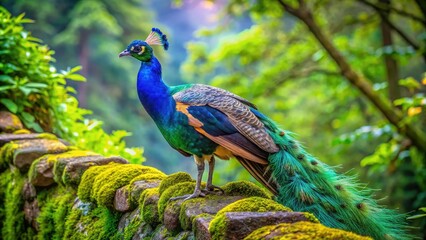 Obraz premium Vibrant peacock perches on a moss-covered stone wall, showcasing its stunning iridescent plumage, with emerald green and sapphire blue hues, amidst lush foliage surroundings.