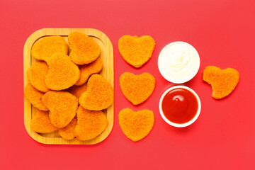 Wooden board with tasty nuggets in shape of heart and different sauces on red background. Valentine's Day celebration