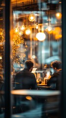 Fototapeta premium Cozy evening ambiance in a trendy cafe: warm glowing pendant lights illuminate intimate seating, glimpsed through a window as patrons enjoy conversation over drinks.
