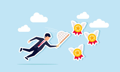 A businessman with a net is trying to catch a group of flying award medals with wings, an illustration of the act of collecting awards and becoming a successful entrepreneur.