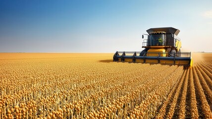 Fototapeta premium Soybean harvest in progress with a modern combine harvester, golden crop scene, 3D illustration