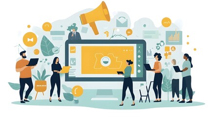 Illustration of Professional Meeting Room with People Discussing Charts and Graphs, Business Collaboration