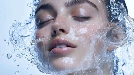 Refreshing splash of crystal-clear water cascades over a serene face, eyes closed in blissful relaxation, capturing the essence of purity and rejuvenation.