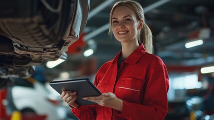 Female Mechanic Inspecting Car Undercarriage with Tablet