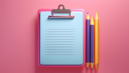 A colorful clipboard with a blank sheet and four vibrant colored pencils arranged beside it on a pink background.