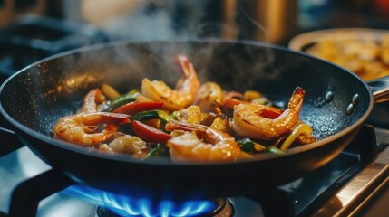 Fototapeta premium Sizzling Shrimp and Vegetables in a Hot Pan