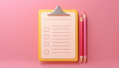 A colorful clipboard with a blank list and two pink pencils on a pink background, ideal for note-taking and organization.