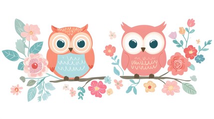 Fototapeta premium Floral Owls, Abstract Image, Texture, Pattern Background, Wallpaper, Cover and Screen for Smartphone, PC, Laptop, 9:16 and 16:9 Format
