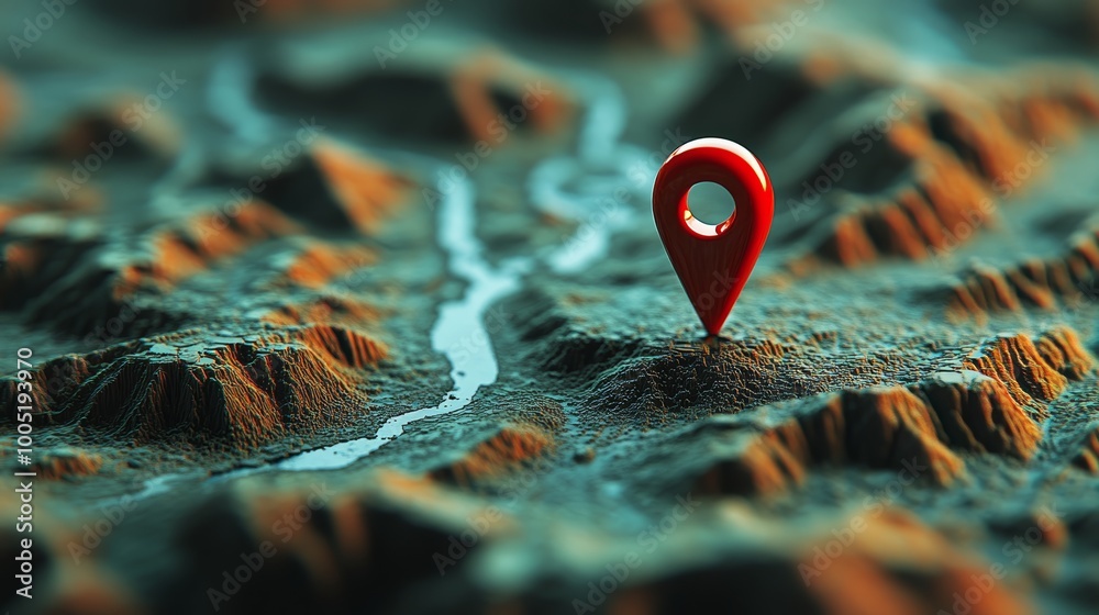 Poster 3d terrain map with red location pin, navigation concept