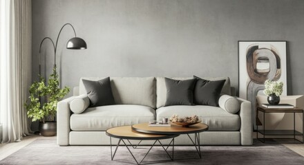 Modern Living Room with Grey Sofa, Black Lamp, and Geometric Art