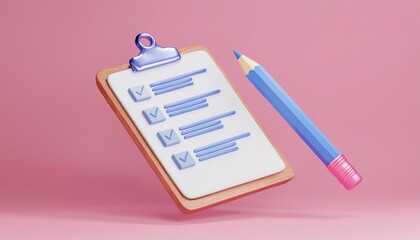 A clipboard with a checklist and a pencil on a pink background, representing organization, task management, and planning.