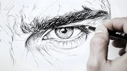 Obraz premium Close-Up of Hand Creating Pencil Drawing of a Face, Artistic Detail and Expression in Sketch