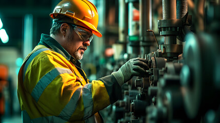 Safety officer inspecting machinery at industrial plant for hazards
