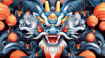 Fototapeta premium Colorful dragon illustration surrounded by bright lanterns and ignited firecrackers
