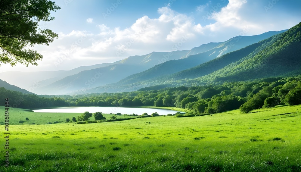 Wall mural Tranquil lakeside scene with lush greenery and majestic mountains beneath a clear blue sky