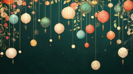 Fototapeta premium Lunar New Year lanterns suspended from golden strings with a dark green background featuring floral elements