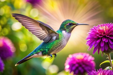 Fototapeta premium Vibrant purple flower with delicate petals attracts a iridescent hummingbird, its emerald feathers glistening as it sips nectar in a lush, sun-kissed garden setting.