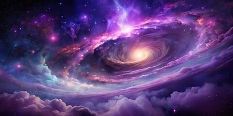Vibrant purple galaxy background with swirling clouds of gas and dust, illuminated by a distant star, evoking a sense of cosmic mystery and wonder.