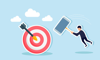 A businessman with a large hammer is trying to hit a target board, an illustration of the completion of planned business goals.