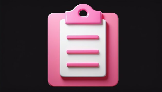 A modern pink clipboard icon featuring three white lined sections, set against a dark background, symbolizing organization and note-taking.
