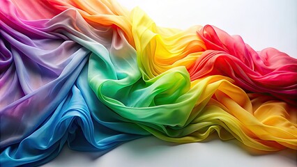 Fototapeta premium Vibrant rainbow-hued fabric drapes elegantly over a white surface, its folds and creases showcasing a mesmerizing ombre effect with soft, blended color transitions.