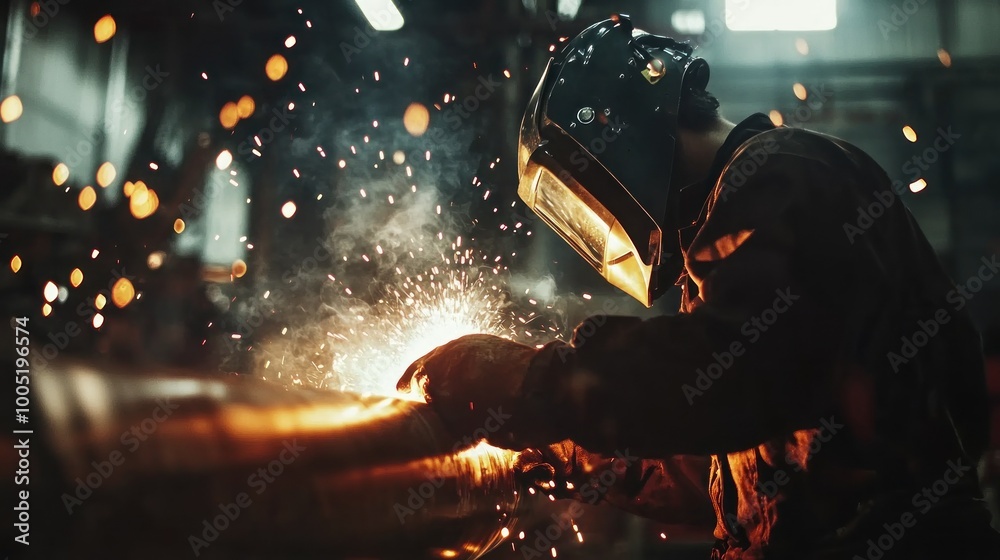 Wall mural Welder Working with Sparks and Smoke in a Factory