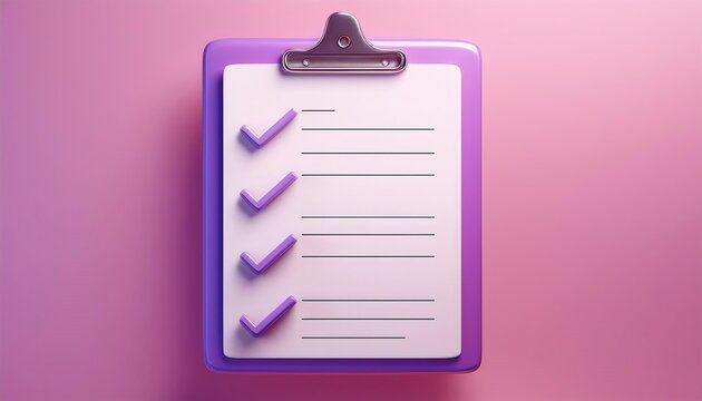 A colorful clipboard with a checklist displaying three completed items on a pink background.