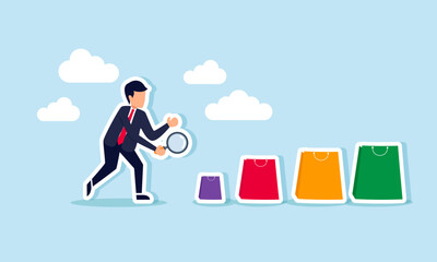 Obraz premium A businessman holding a magnifying glass investigating a row of shopping bags, an illustration of research into company business expenses