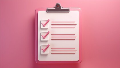 A clipboard with a checklist featuring three checked items against a pink background.