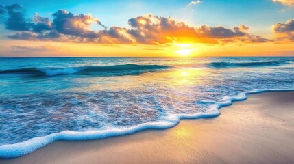 Obraz premium A scenic sunset over the ocean with waves crashing on the sandy shore.