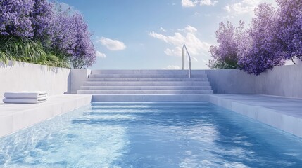 Tranquil pool surrounded by vibrant purple flowers with clear blue water reflecting a beautiful sky, perfect for a relaxing retreat.