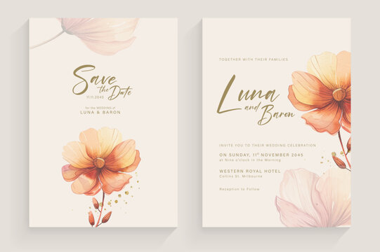 Aesthetic Wedding Invitation Template with Brown Flower Watercolor