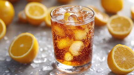 Refreshing Iced Tea with Lemon and Ice in Glass