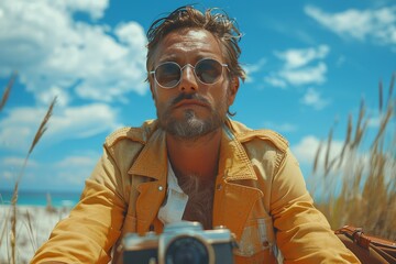 Fototapeta premium Handsome travel blogger captures adventure outdoors with vintage suitcase and retro camera