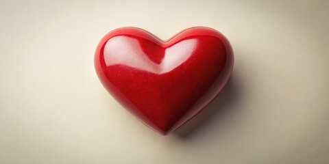 Fototapeta premium Vibrant red heart shape isolated on a soft, creamy white background, with gentle shadows and subtle texture, conveying love, warmth, and tender feelings.