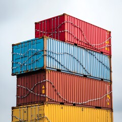 Stacked shipping containers against a cloudy sky, showcasing vibrant colors.