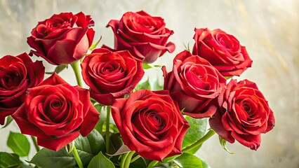 Vibrant red roses with delicate petals and green stems arranged in a beautiful bouquet set against a soft, creamy white background with subtle texture.