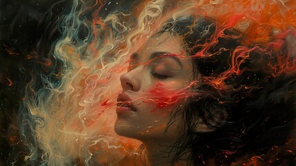 Dreamy Portrait of a Woman Surrounded by Abstract Colors