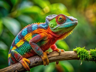 Obraz premium Vibrant reptile with remarkable color-changing abilities perches on a branch, its scaly skin transitioning from bright green to earthy tones in a breathtaking display.
