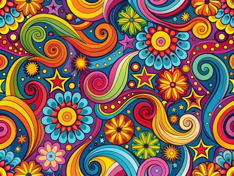 Vibrant, retro-inspired psychedelic pattern featuring swirling shapes, bold colors, and abstract textures, evoking a sense of far-out excitement and funky nostalgia.