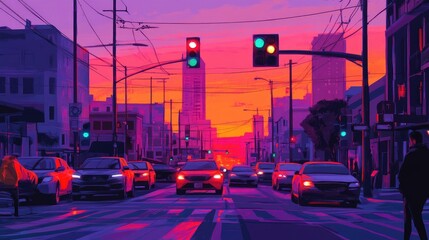 Vibrant Cityscape at Sunset with Traffic Lights