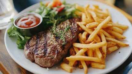 Grilled Steak with Fries and Salad on a Plate