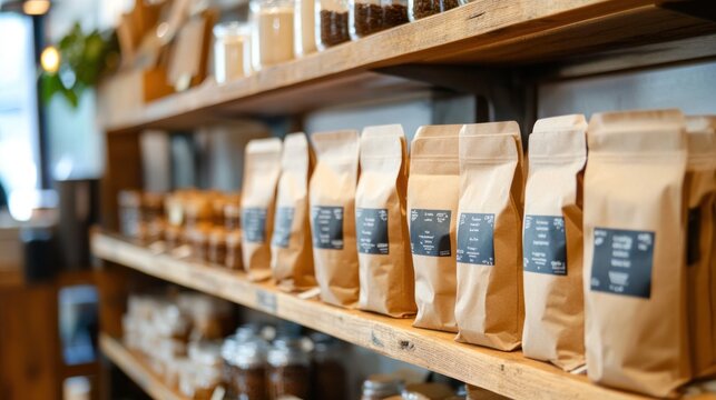 Brown Paper Bags Lined Up on a Wooden Shelf in a Shop