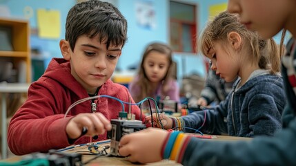 Kids Engaged in Simple Electric Motor Project in Class