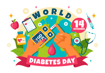 Naklejka premium World Diabetes Day Vector Illustration on 14 November with Doctors Testing Blood for Glucose and Measuring Sugar in a Flat Style Cartoon Background