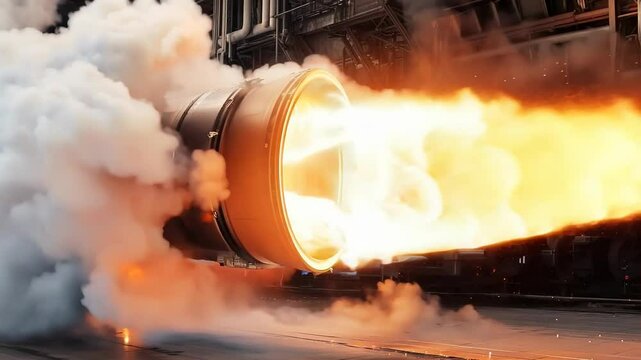 High-Speed Jet Engine Test with Flames and Smoke in Industrial Setting