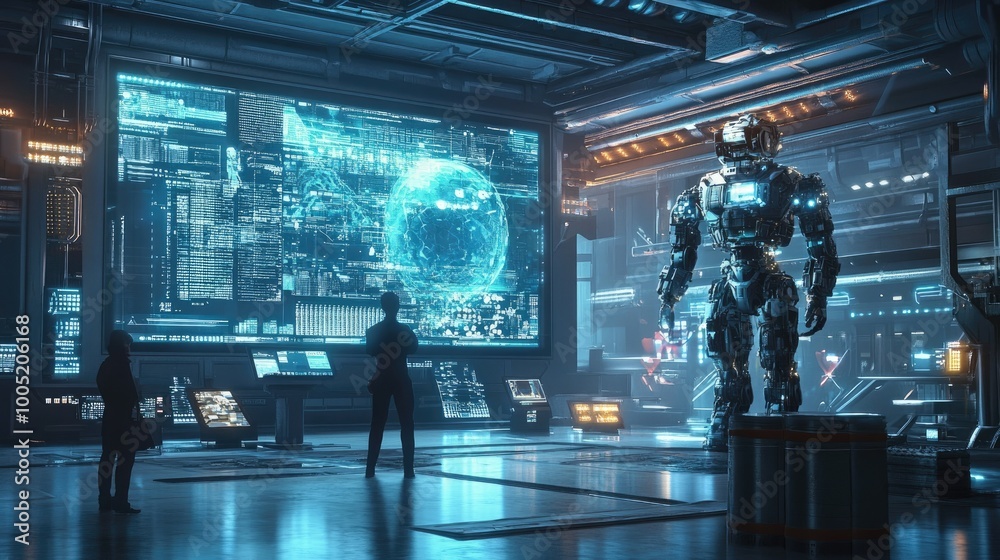 Aufkleber Advanced AI Robot Interacting with Humans in Modern Space
